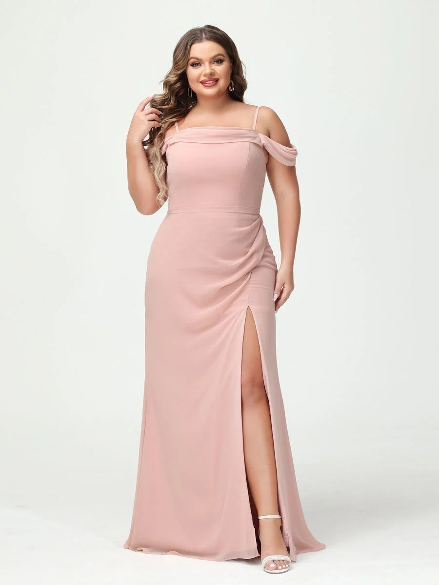 Sheath/Column Spaghetti Straps Off-the-Shoulder Chiffon Split Side Plus Size Bridesmaid Dresses BabaMila