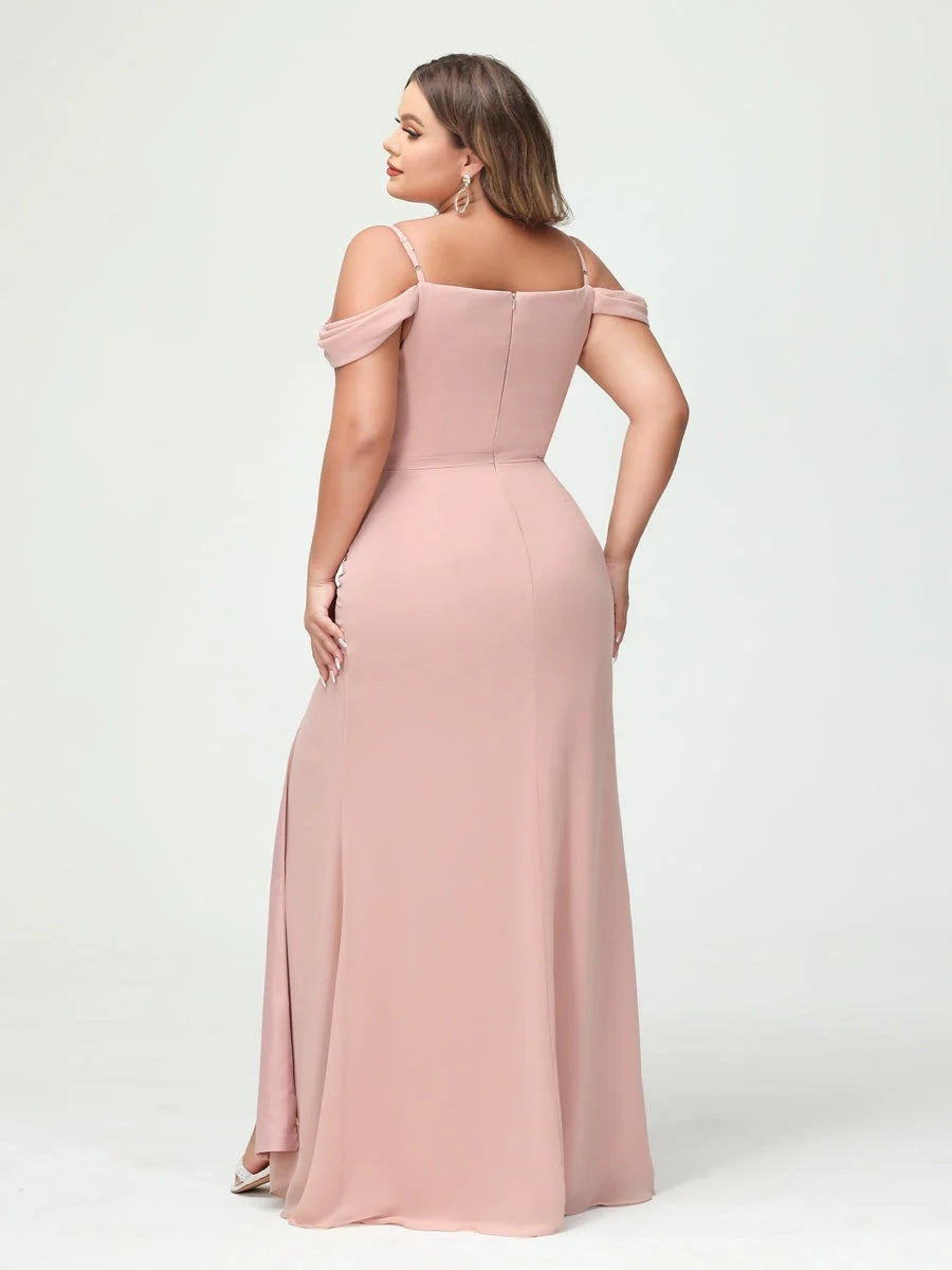 Sheath/Column Spaghetti Straps Off-the-Shoulder Chiffon Split Side Plus Size Bridesmaid Dresses BabaMila
