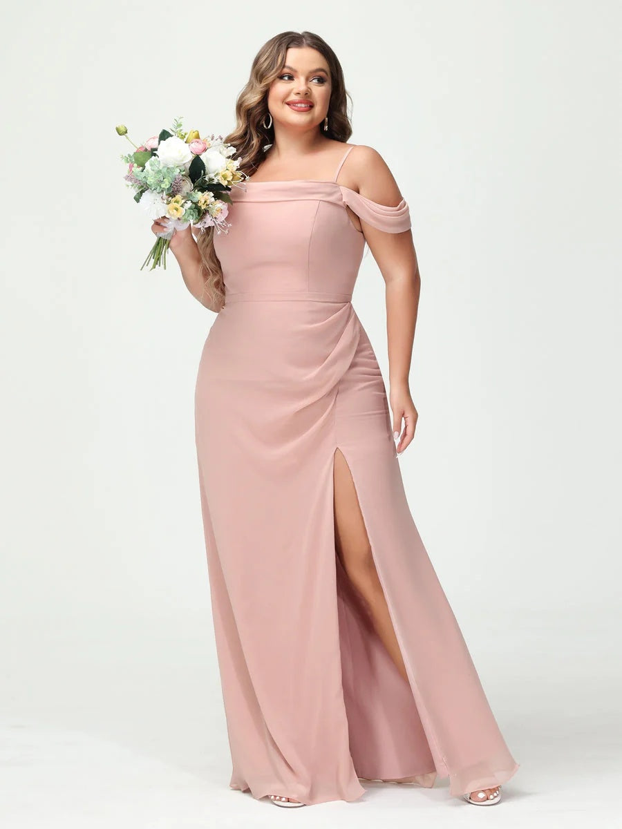 Sheath/Column Spaghetti Straps Off-the-Shoulder Chiffon Split Side Plus Size Bridesmaid Dresses BabaMila