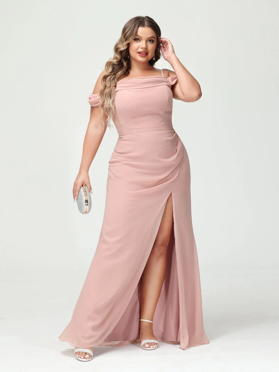 Sheath/Column Spaghetti Straps Off-the-Shoulder Chiffon Split Side Plus Size Bridesmaid Dresses BabaMila