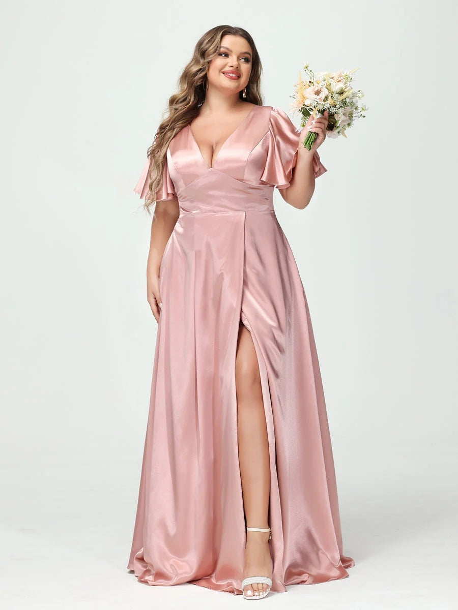 A-Line V-Neck Half Sleeves Silk Satin Plus Size Bridesmaid Dresses with Pockets BabaMila