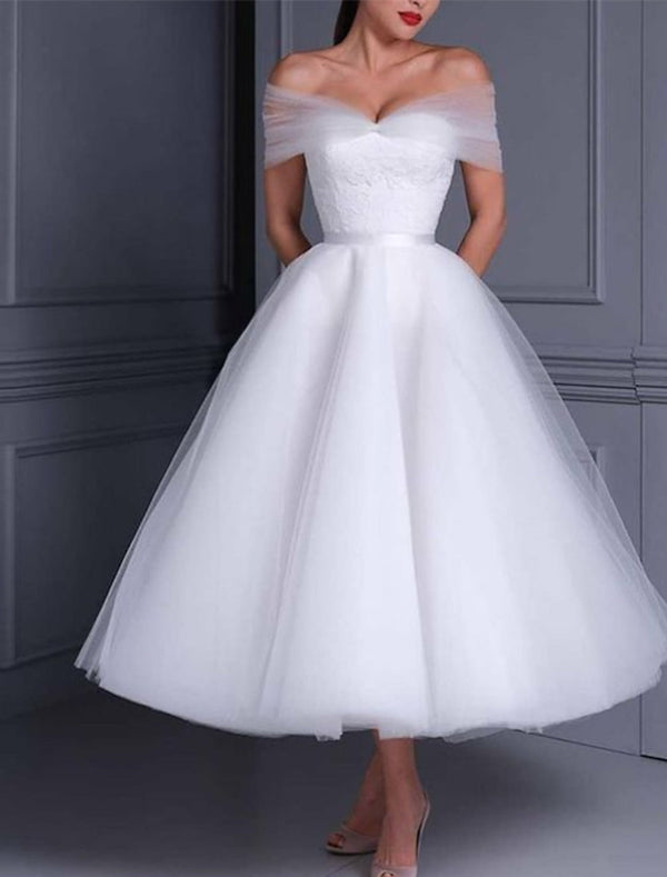 Ball Gown Off-the-Shoulder Tea-length Lace Wedding Dress With Satin Belt BabaMila