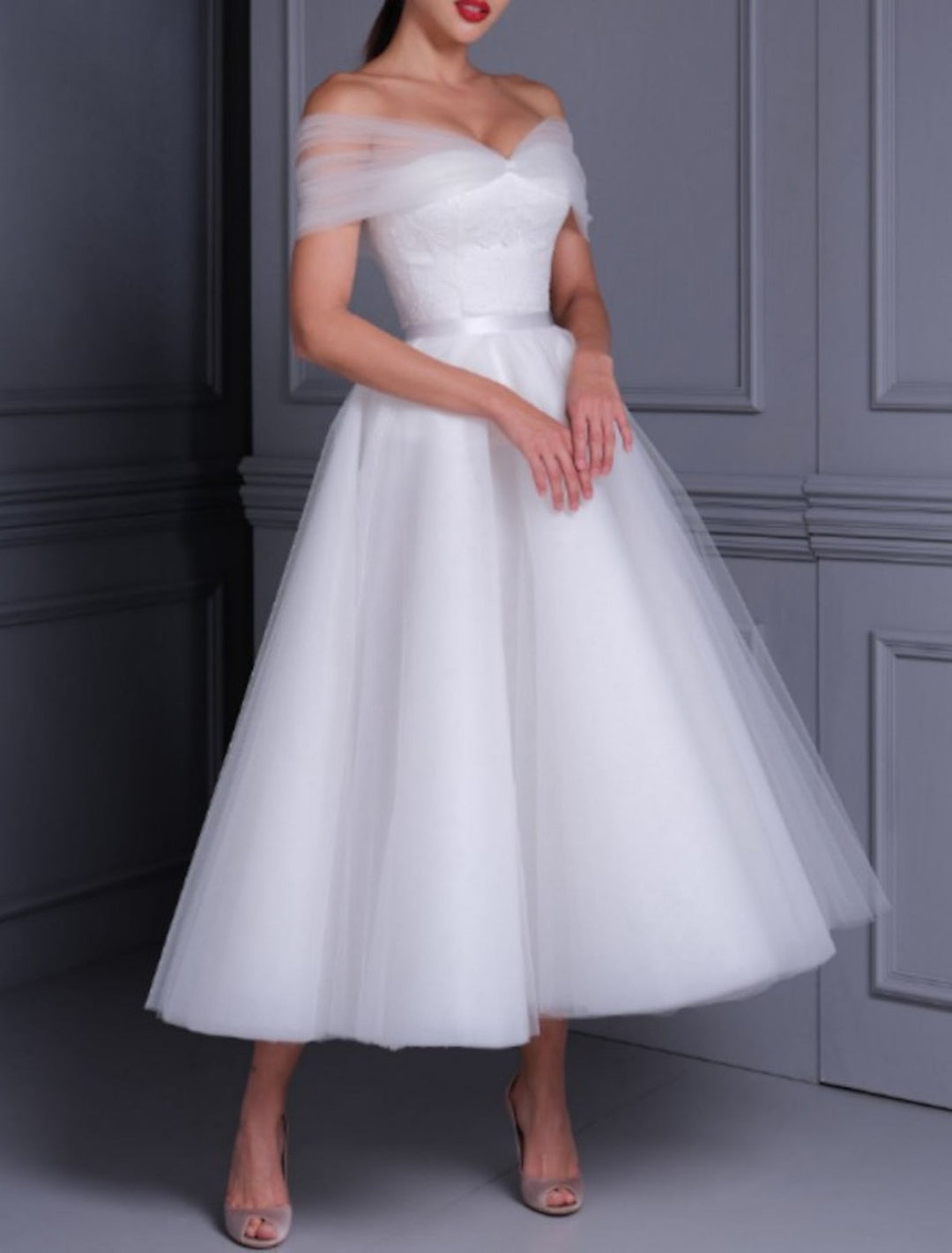 Ball Gown Off-the-Shoulder Tea-length Lace Wedding Dress With Satin Belt BabaMila