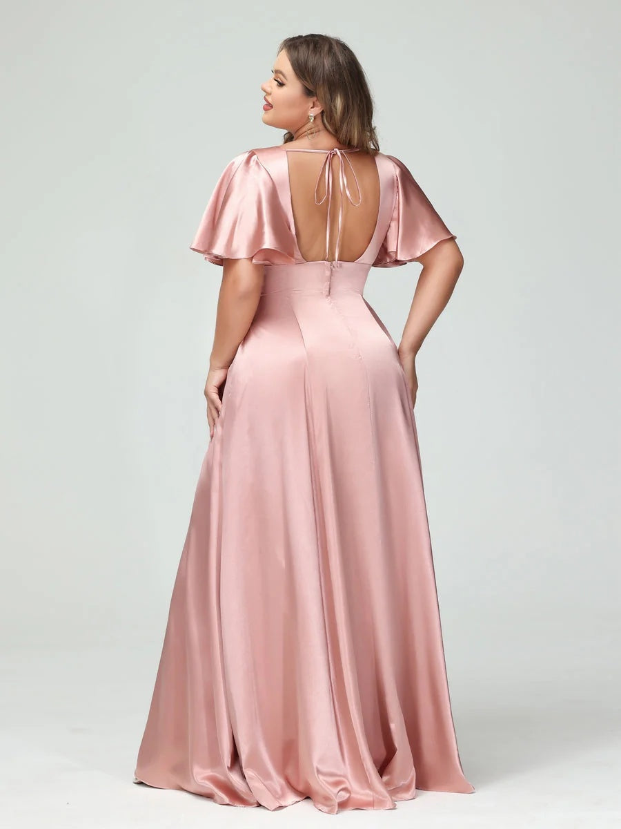 A-Line V-Neck Half Sleeves Silk Satin Plus Size Bridesmaid Dresses with Pockets BabaMila