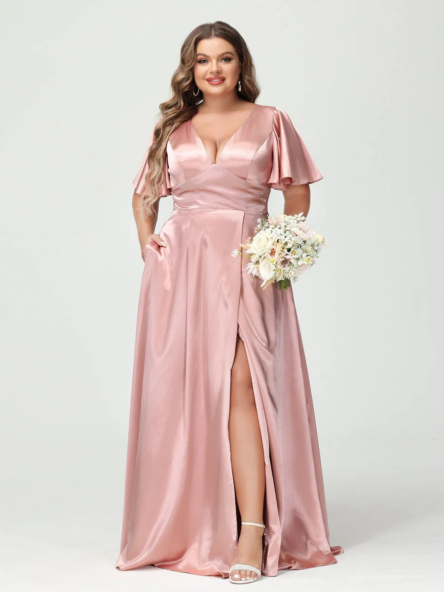 A-Line V-Neck Half Sleeves Silk Satin Plus Size Bridesmaid Dresses with Pockets BabaMila