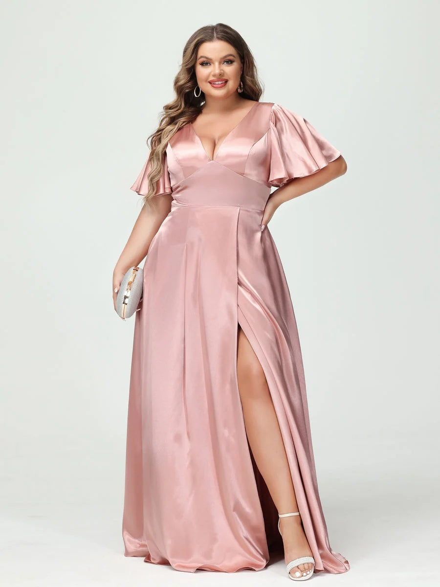 A-Line V-Neck Half Sleeves Silk Satin Plus Size Bridesmaid Dresses with Pockets BabaMila