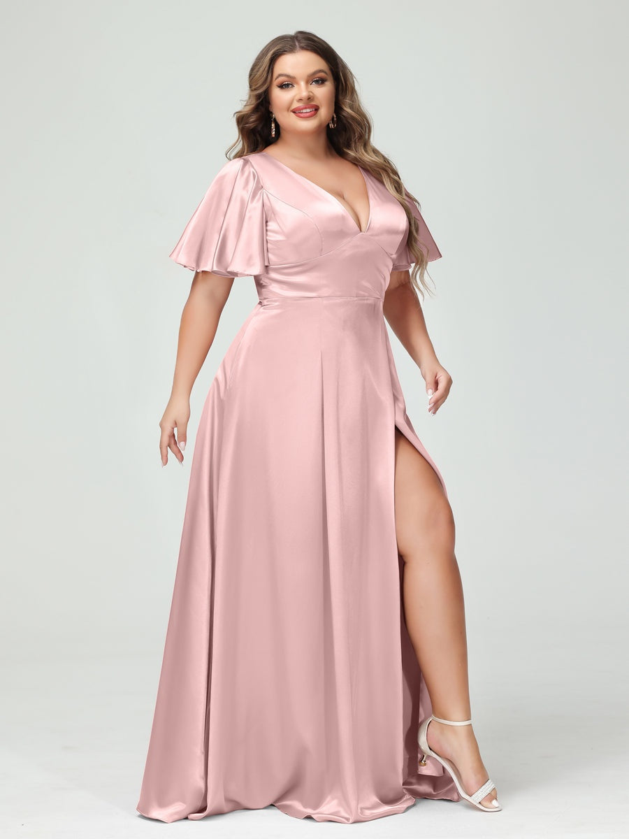 A-Line V-Neck Half Sleeves Silk Satin Plus Size Bridesmaid Dresses with Pockets BabaMila