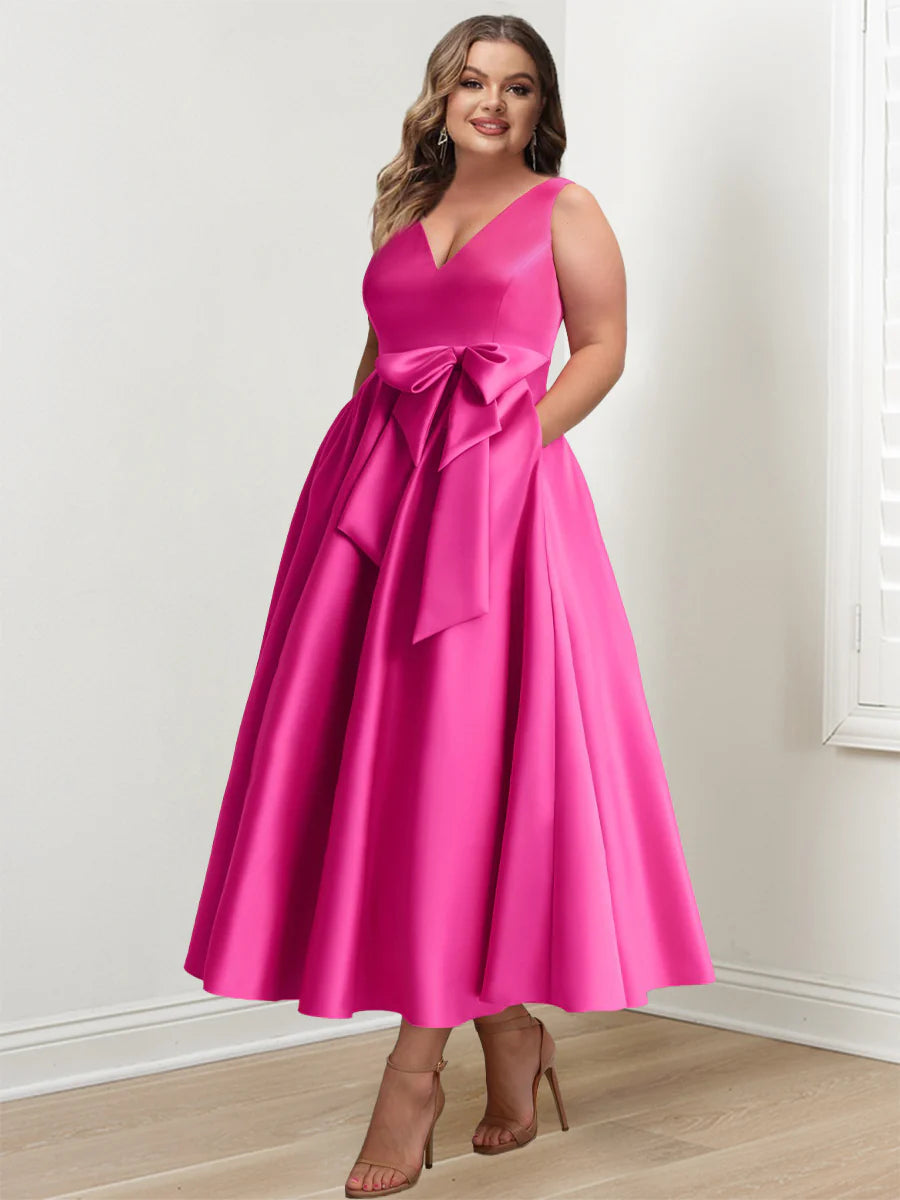 A-Line/Princess V-Neck Sleeveless Ankle-Length Plus Size Mother Of The Bride Dresses With Pockets & Ruffles BabaMila