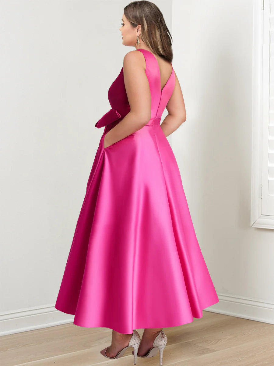 A-Line/Princess V-Neck Sleeveless Ankle-Length Plus Size Mother Of The Bride Dresses With Pockets & Ruffles BabaMila