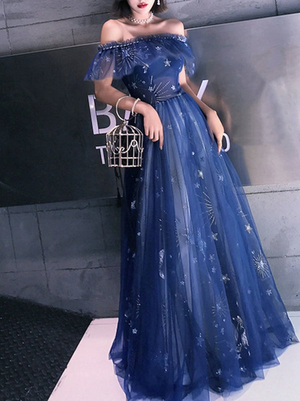 A-Line/Princess Off-the-Shoulder Short Sleeves Floor-Length Long Prom Dresses With Tiered/Embroidery BabaMila