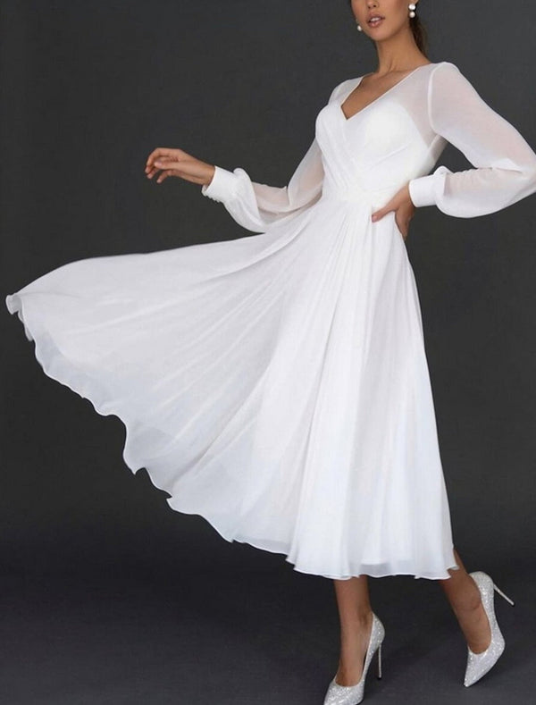 A-Line/Princess Chiffon V-Neck Long Sleeves Tea-length Wedding Dress With Ruched BabaMila