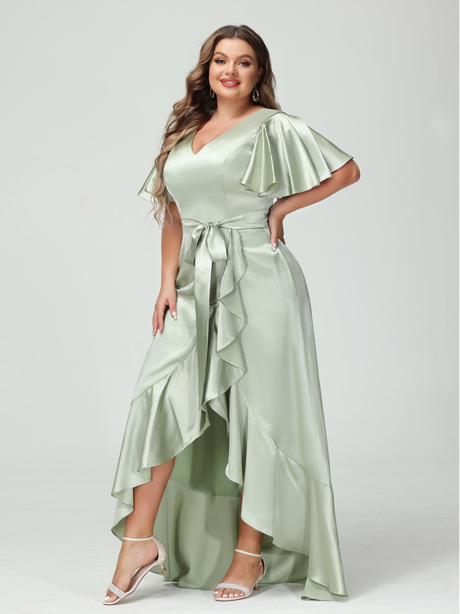 Sheath/Column V-Neck Short Sleeves Ruffles Asymmetrical Plus Size Dresses with Pockets & Sash BabaMila