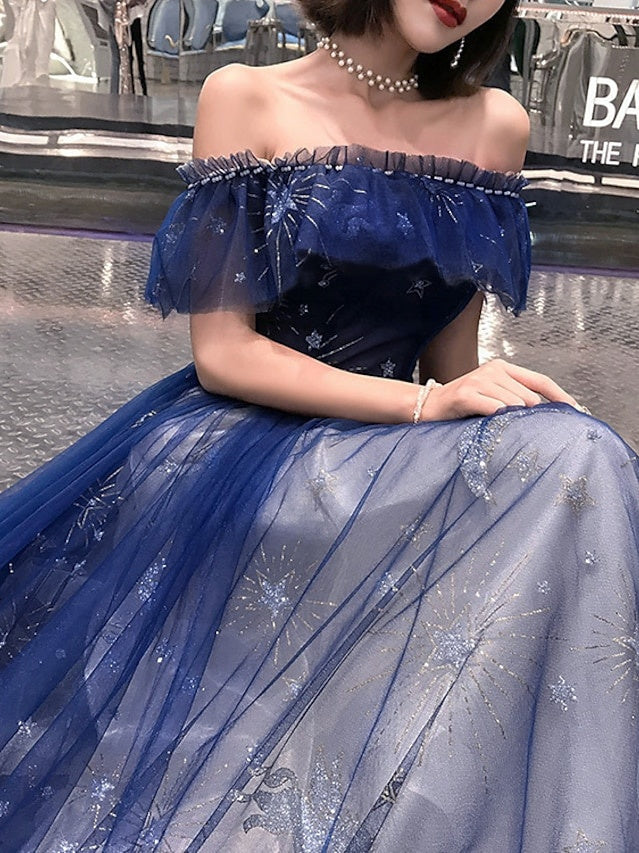 A-Line/Princess Off-the-Shoulder Short Sleeves Floor-Length Long Prom Dresses With Tiered/Embroidery BabaMila