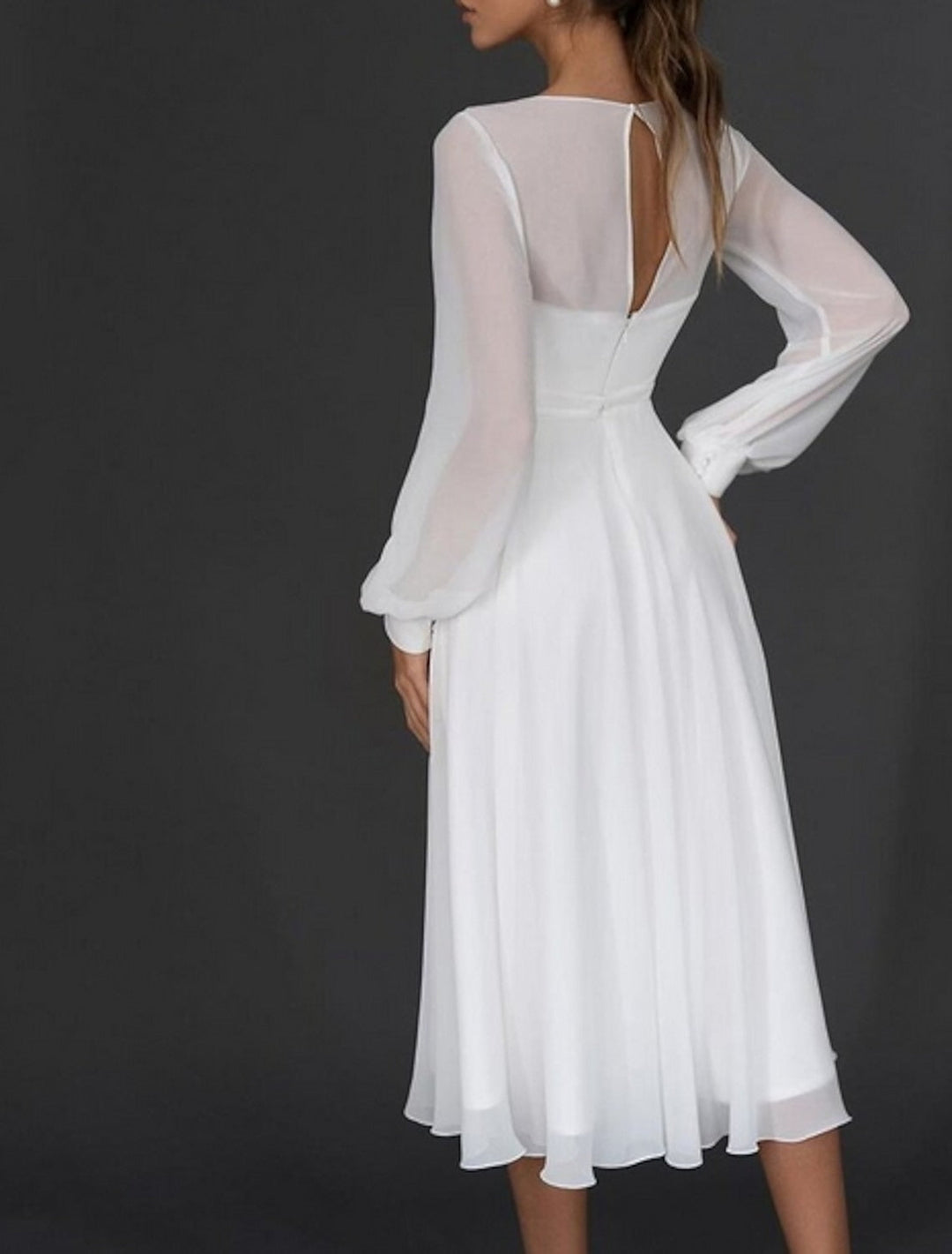 A-Line/Princess Chiffon V-Neck Long Sleeves Tea-length Wedding Dress With Ruched BabaMila
