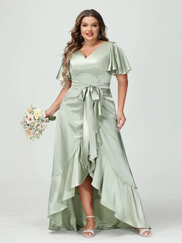 Sheath/Column V-Neck Short Sleeves Ruffles Asymmetrical Plus Size Dresses with Pockets & Sash BabaMila