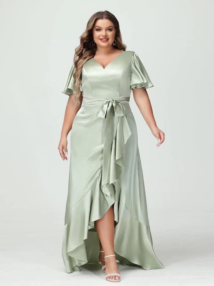 Sheath/Column V-Neck Short Sleeves Ruffles Asymmetrical Plus Size Dresses with Pockets & Sash BabaMila