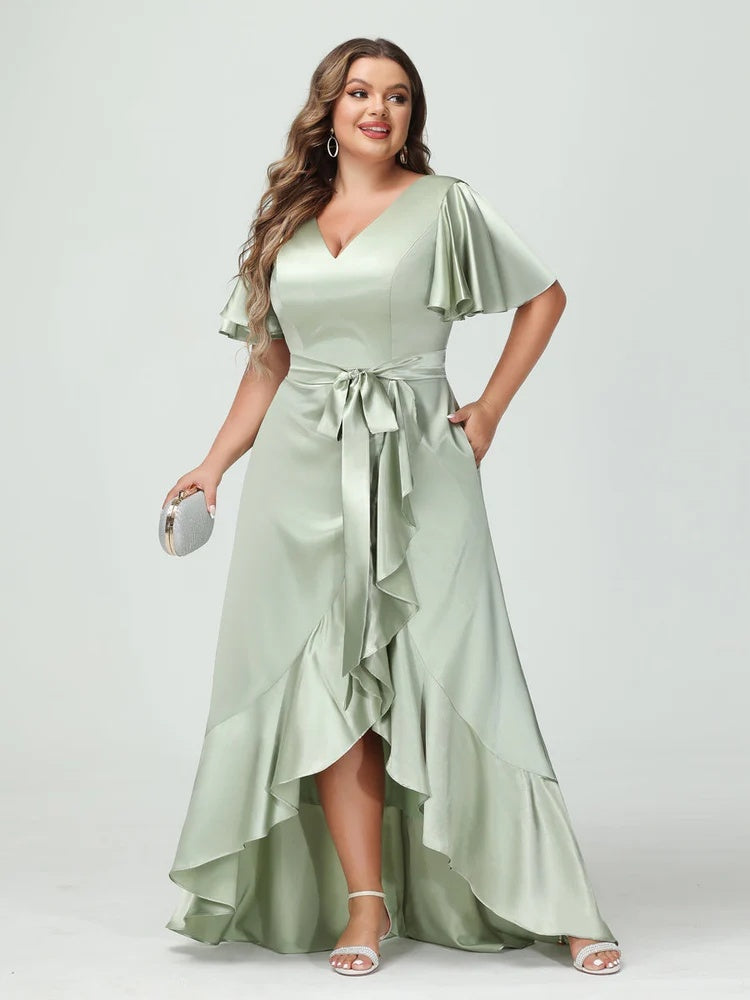 Sheath/Column V-Neck Short Sleeves Ruffles Asymmetrical Plus Size Dresses with Pockets & Sash BabaMila