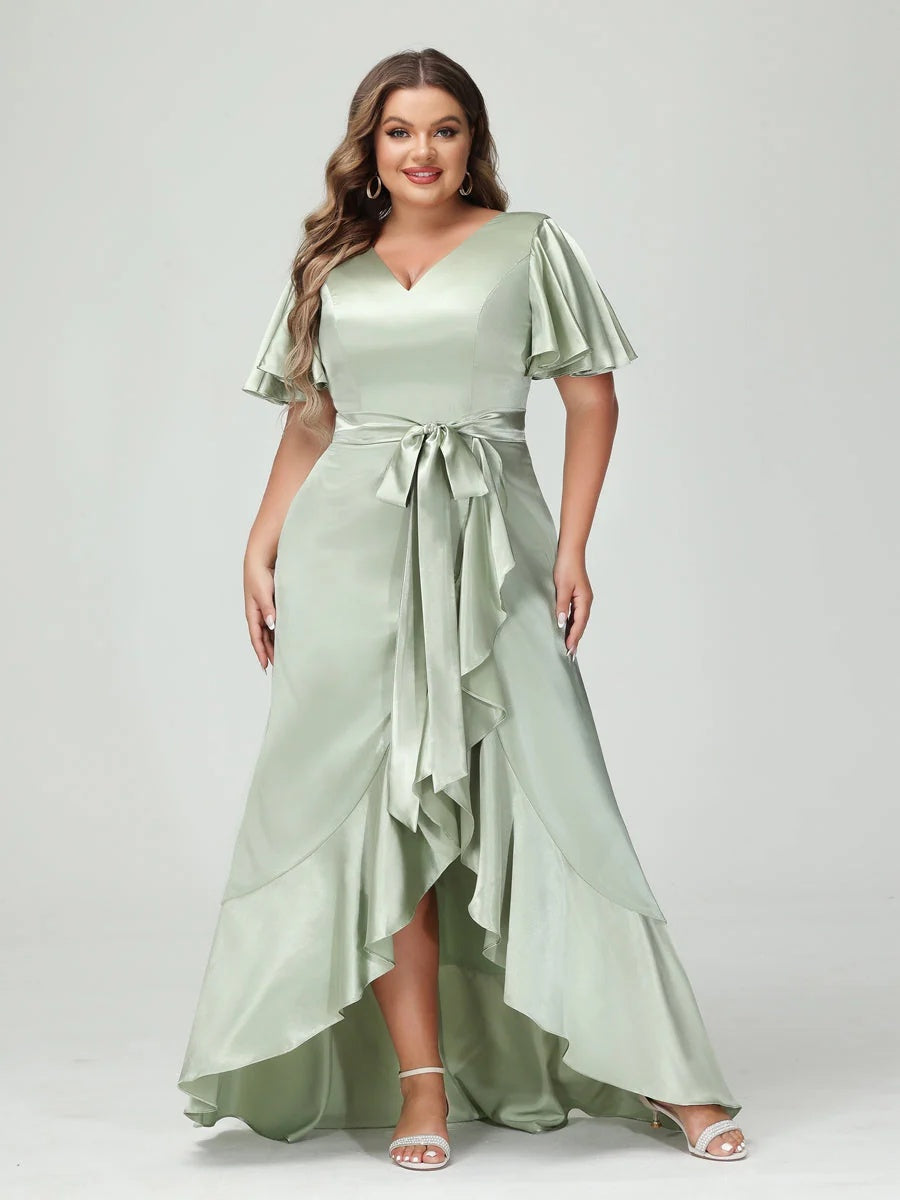 Sheath/Column V-Neck Short Sleeves Ruffles Asymmetrical Plus Size Dresses with Pockets & Sash BabaMila
