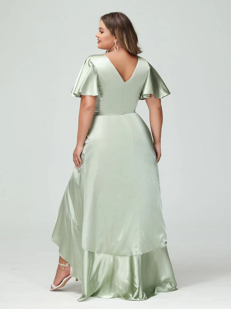 Sheath/Column V-Neck Short Sleeves Ruffles Asymmetrical Plus Size Dresses with Pockets & Sash BabaMila