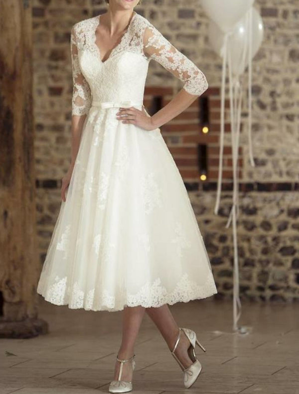 A-Line/Princess V-Neck Tea-length Lace Wedding Dress With Applique/Belt BabaMila