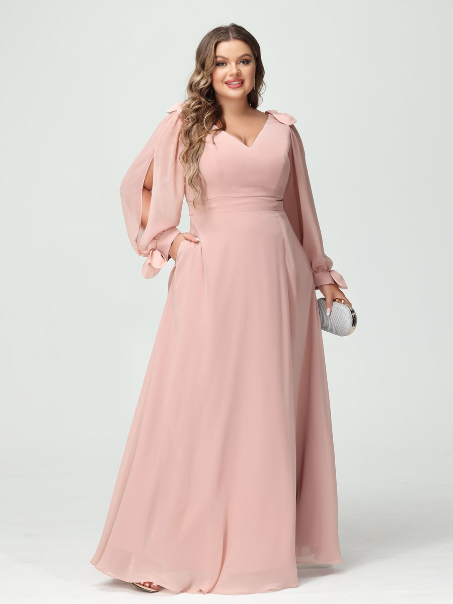 A-Line/Princess V-Neck Long Sleeves Chiffon Split Side Plus Size Bridesmaid Dresses with Pockets BabaMila