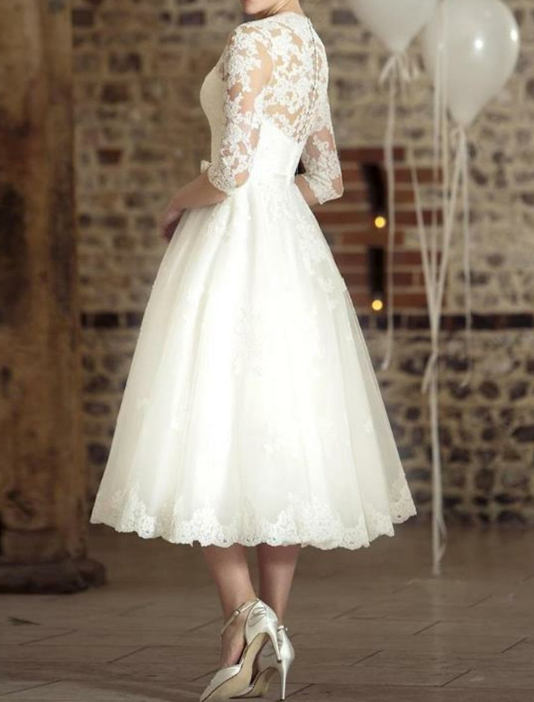 A-Line/Princess V-Neck Tea-length Lace Wedding Dress With Applique/Belt BabaMila