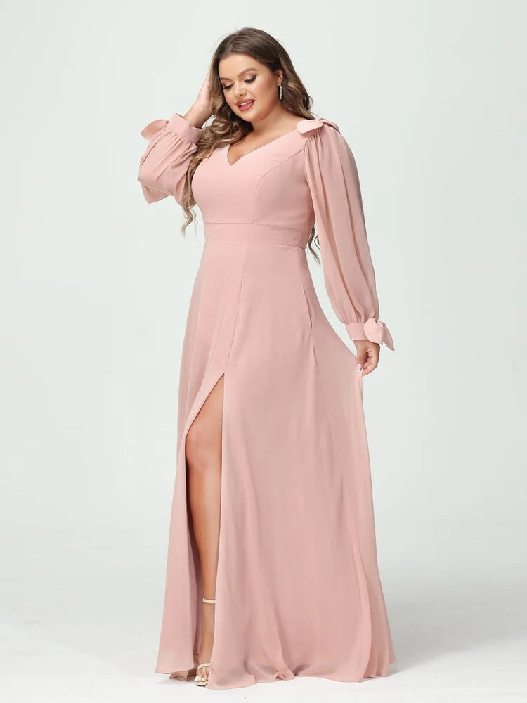 A-Line/Princess V-Neck Long Sleeves Chiffon Split Side Plus Size Bridesmaid Dresses with Pockets BabaMila