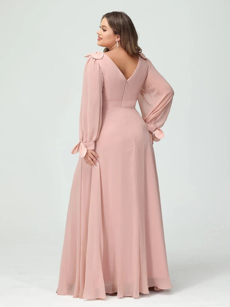 A-Line/Princess V-Neck Long Sleeves Chiffon Split Side Plus Size Bridesmaid Dresses with Pockets BabaMila