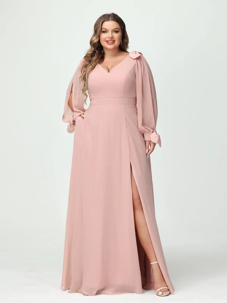 A-Line/Princess V-Neck Long Sleeves Chiffon Split Side Plus Size Bridesmaid Dresses with Pockets BabaMila