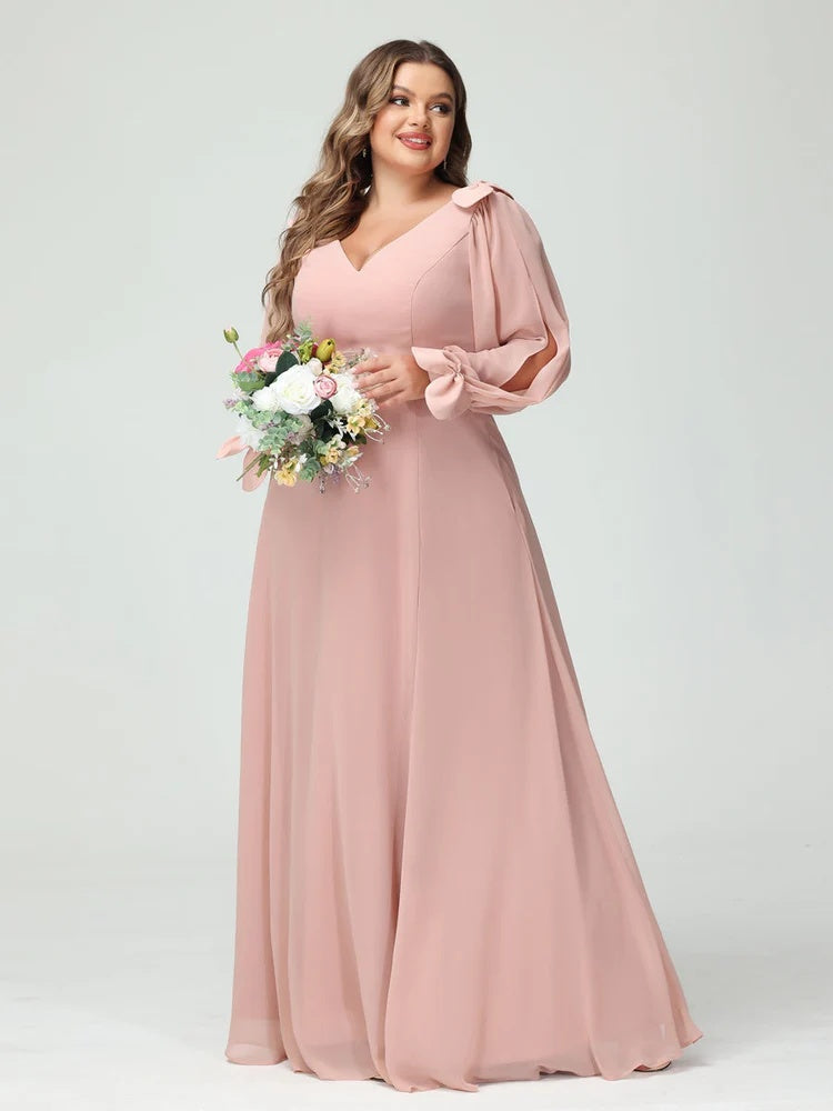 A-Line/Princess V-Neck Long Sleeves Chiffon Split Side Plus Size Bridesmaid Dresses with Pockets BabaMila