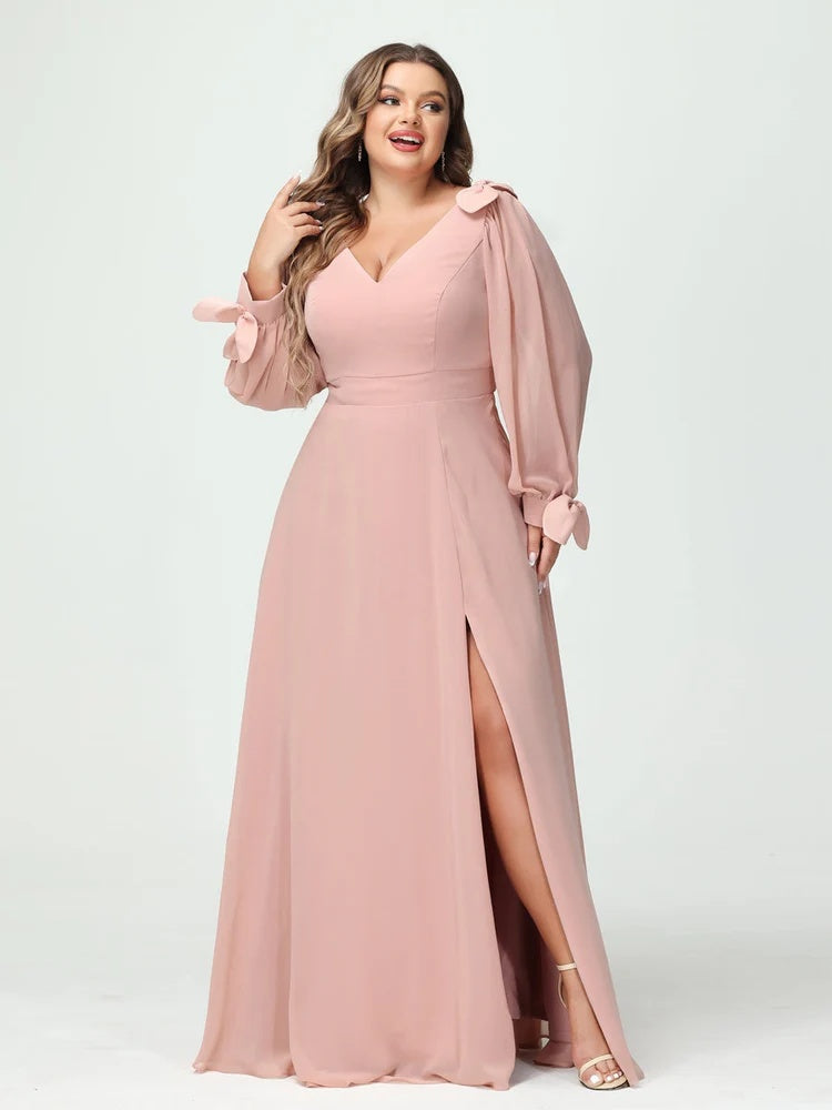 A-Line/Princess V-Neck Long Sleeves Chiffon Split Side Plus Size Bridesmaid Dresses with Pockets BabaMila