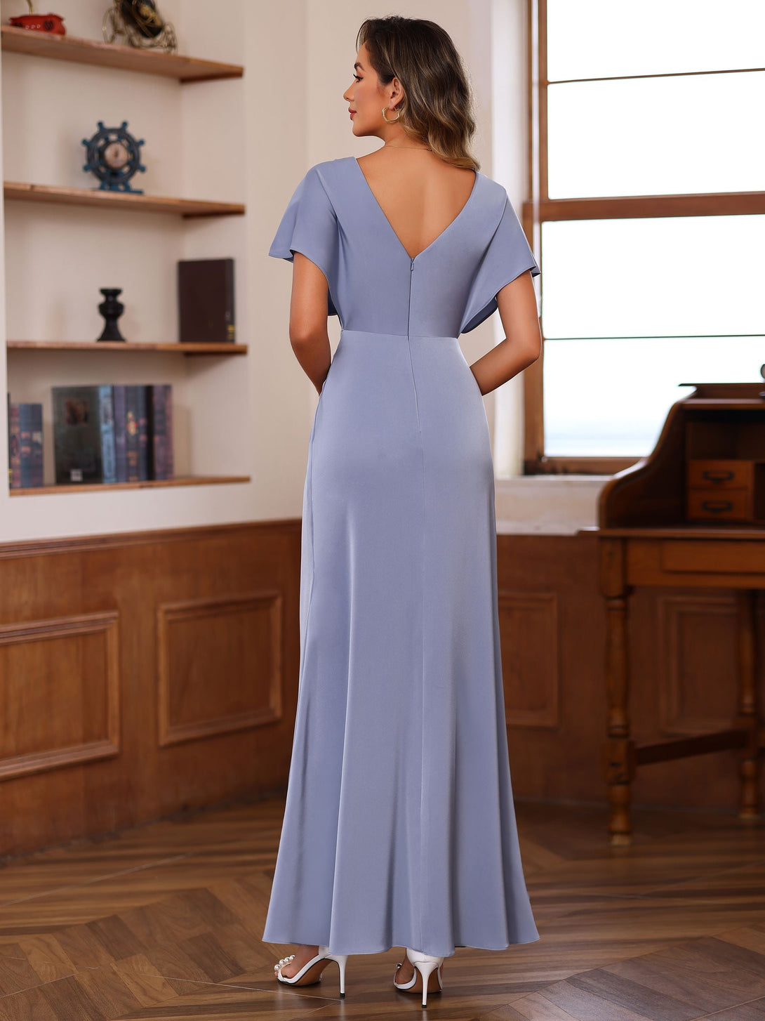 A-Line/Princess V-Neck Short Sleeves Floor-Length Unique Mother Of The Bride Dresses With Ruffles BabaMila