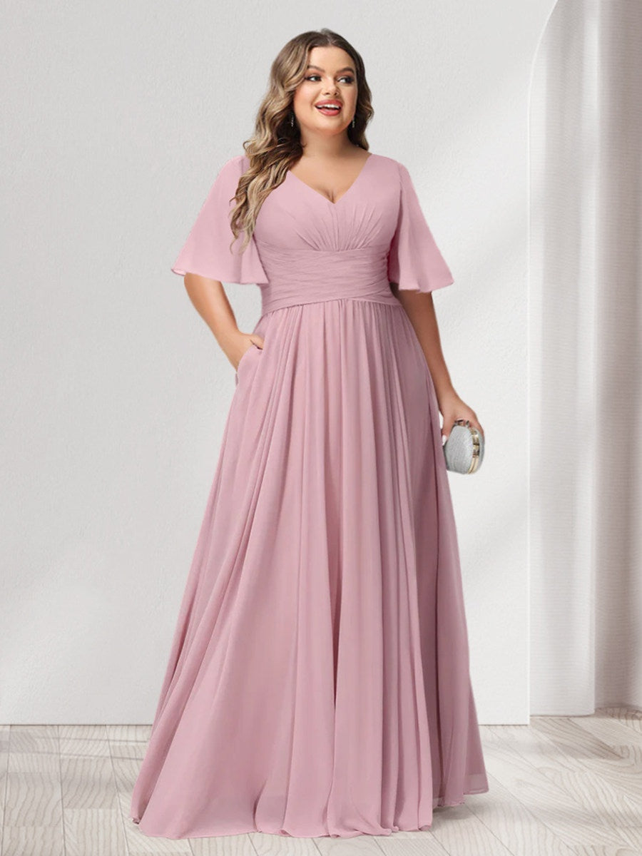 A-Line/Princess V-Neck Half Sleeves Chiffon Plus Size Bridesmaid Dresses with Pockets BabaMila