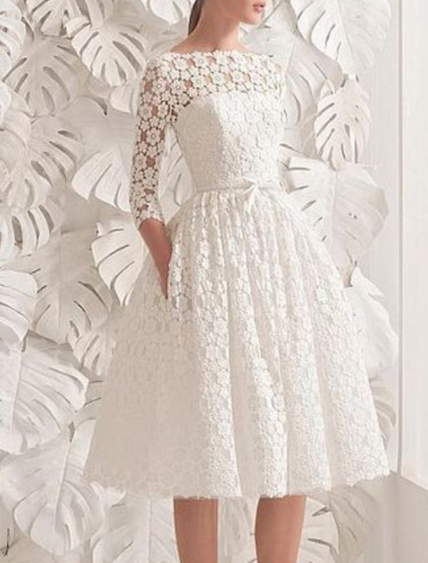 A-Line/Princess Lace Scoop Knee-length Wedding Dress With Belt BabaMila