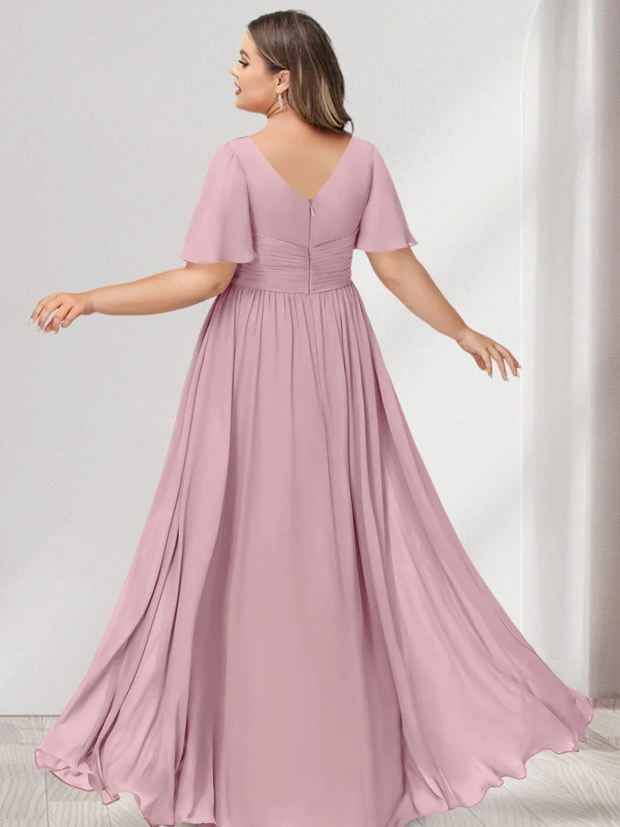 A-Line/Princess V-Neck Half Sleeves Chiffon Plus Size Bridesmaid Dresses with Pockets BabaMila