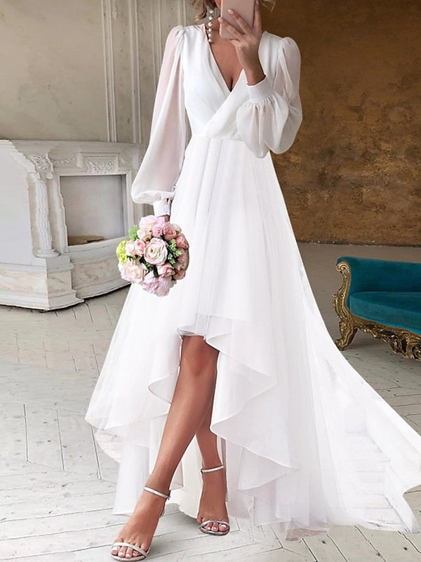 A-Line/Princess V-Neck Chiffon Long Sleeves Asymmetrical Wedding Dress With Pleated BabaMila