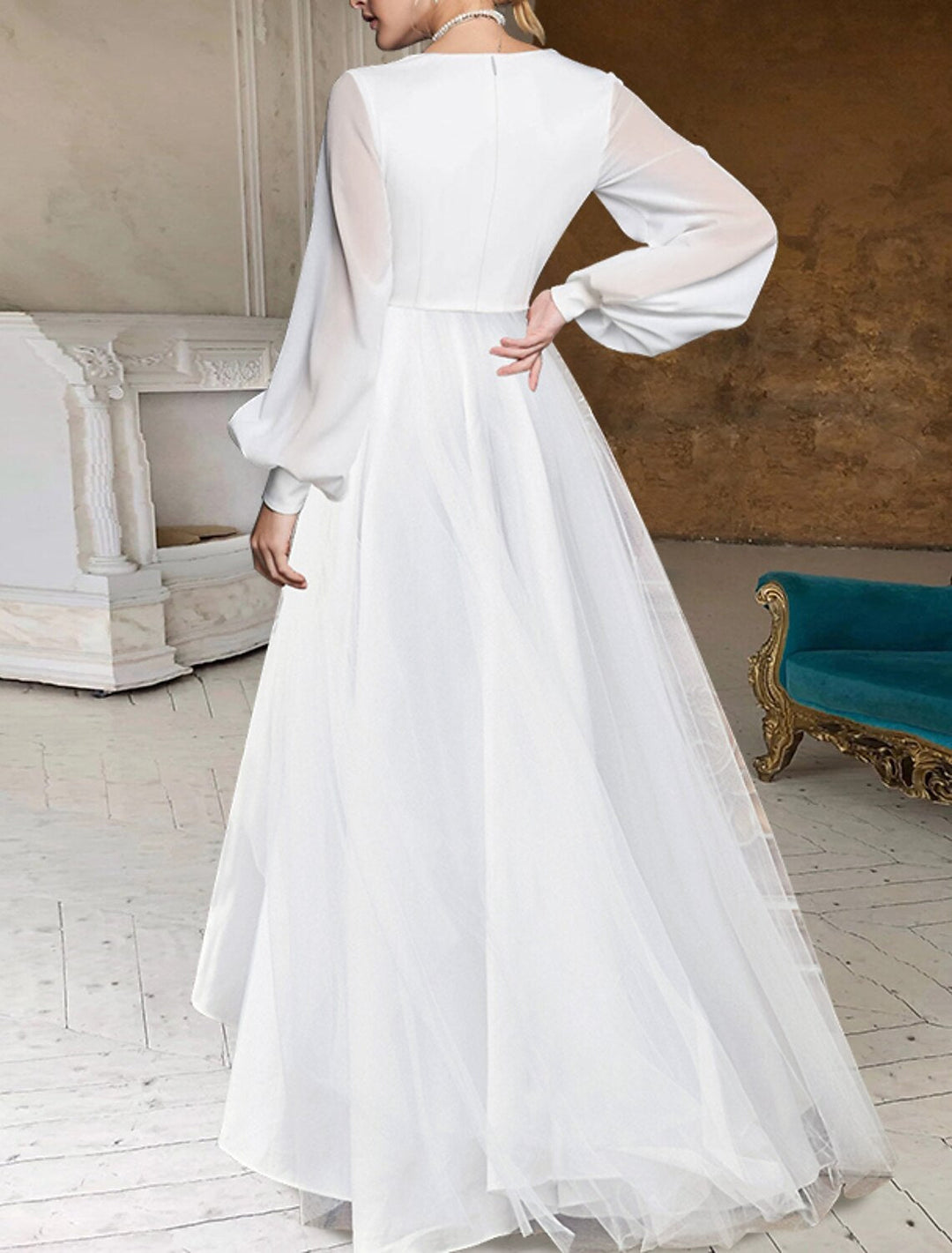 A-Line/Princess V-Neck Chiffon Long Sleeves Asymmetrical Wedding Dress With Pleated BabaMila