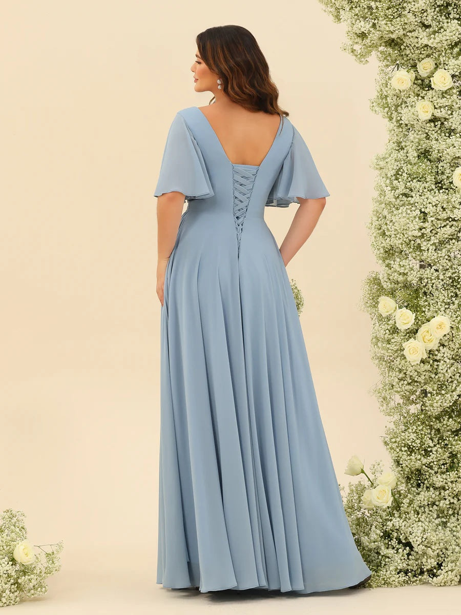 A-Line V-Neck Half Sleeves Plus Size Chiffon Bridesmaid Dresses With Split Side BabaMila