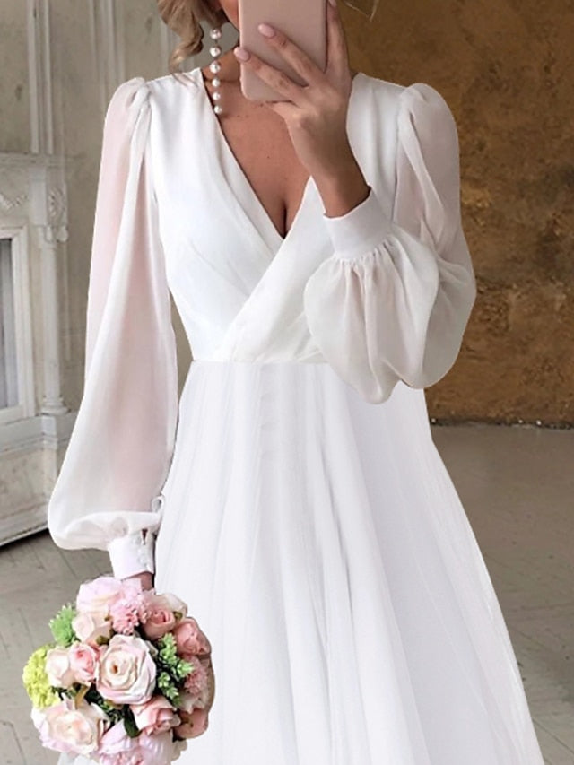 A-Line/Princess V-Neck Chiffon Long Sleeves Asymmetrical Wedding Dress With Pleated BabaMila