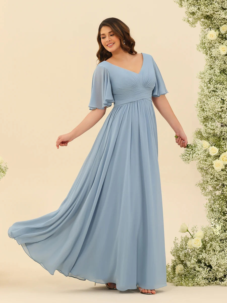 A-Line V-Neck Half Sleeves Plus Size Chiffon Bridesmaid Dresses With Split Side BabaMila