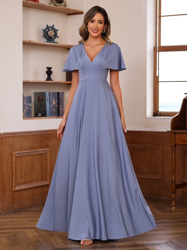 A-Line/Princess V-Neck Short Sleeves Floor-Length Mother Of The Bride Long Dresses With Ruffles BabaMila