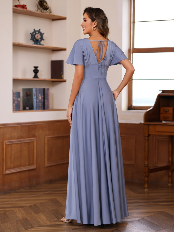A-Line/Princess V-Neck Short Sleeves Floor-Length Mother Of The Bride Long Dresses With Ruffles BabaMila
