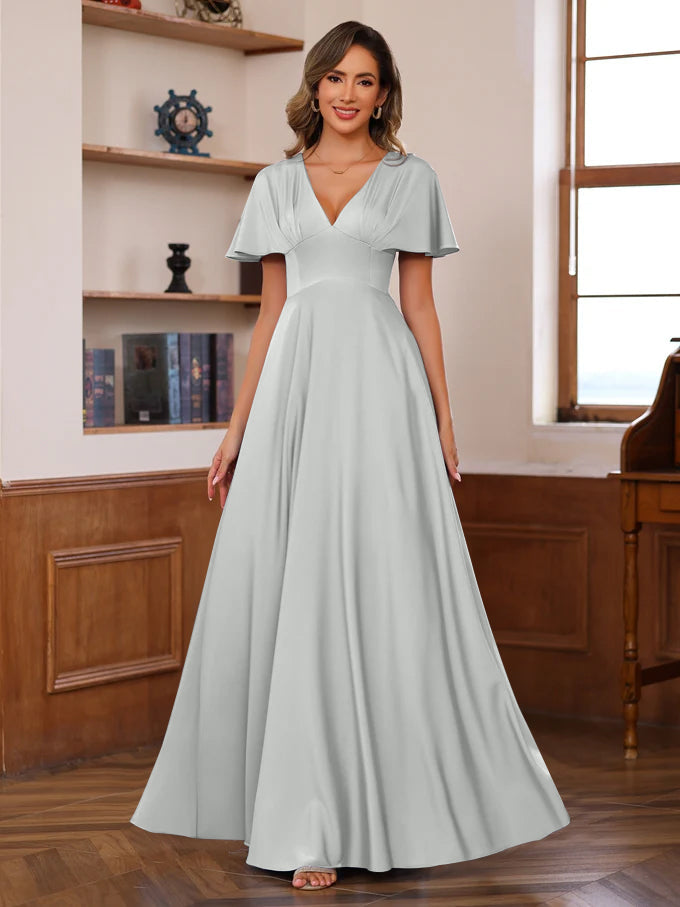 A-Line/Princess V-Neck Short Sleeves Floor-Length Mother Of The Bride Long Dresses With Ruffles BabaMila