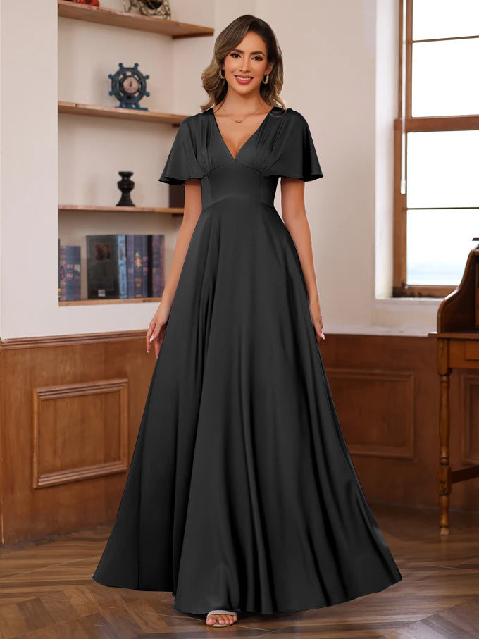 A-Line/Princess V-Neck Short Sleeves Floor-Length Mother Of The Bride Long Dresses With Ruffles BabaMila