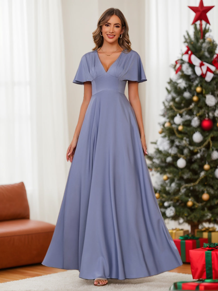 A-Line/Princess V-Neck Short Sleeves Floor-Length Mother Of The Bride Long Dresses With Ruffles BabaMila