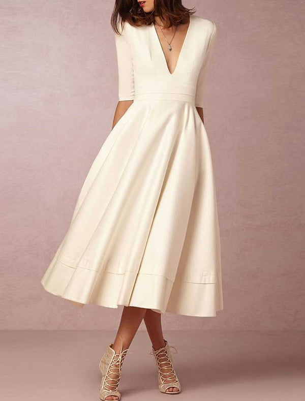 A-Line/Princess Satin V-Neck Half Sleeves Tea-length Wedding Dress BabaMila
