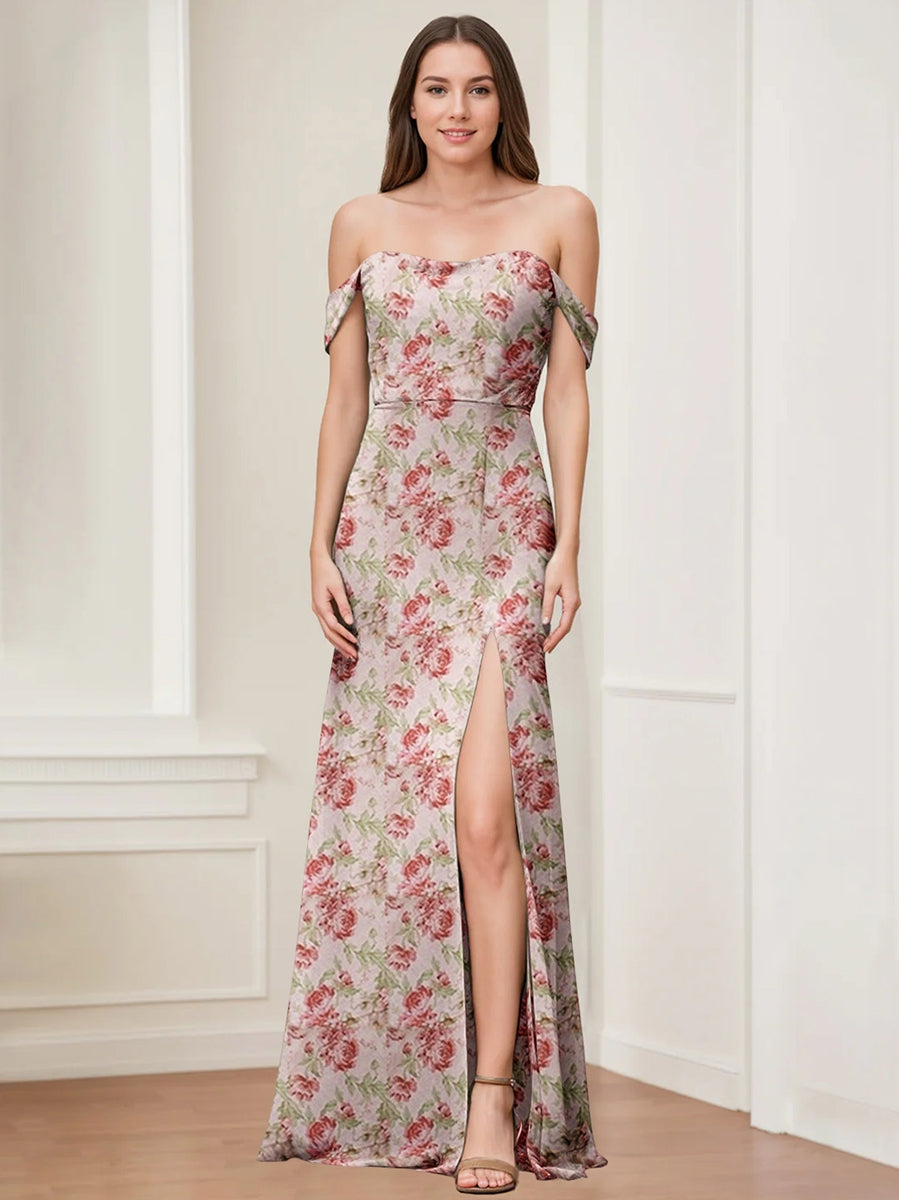 Sheath/Column Off-the-Shoulder Floor-Length Printed Floral Bridesmaid Dresses with High Split BabaMila