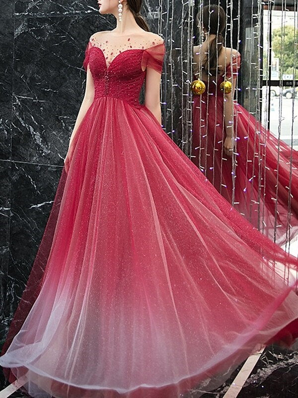 A-Line/Princess Jewel Neck Short Sleeves Floor-Length Evening Dress with Pleats/Sequin BabaMila