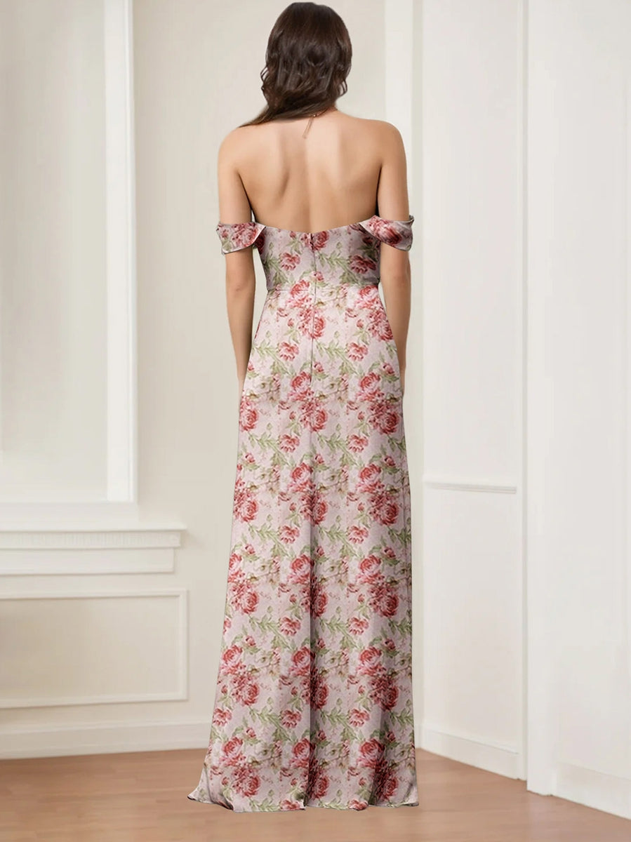 Sheath/Column Off-the-Shoulder Floor-Length Printed Floral Bridesmaid Dresses with High Split BabaMila