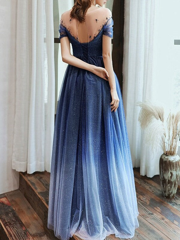 A-Line/Princess Jewel Neck Short Sleeves Floor-Length Evening Dress with Pleats/Sequin BabaMila